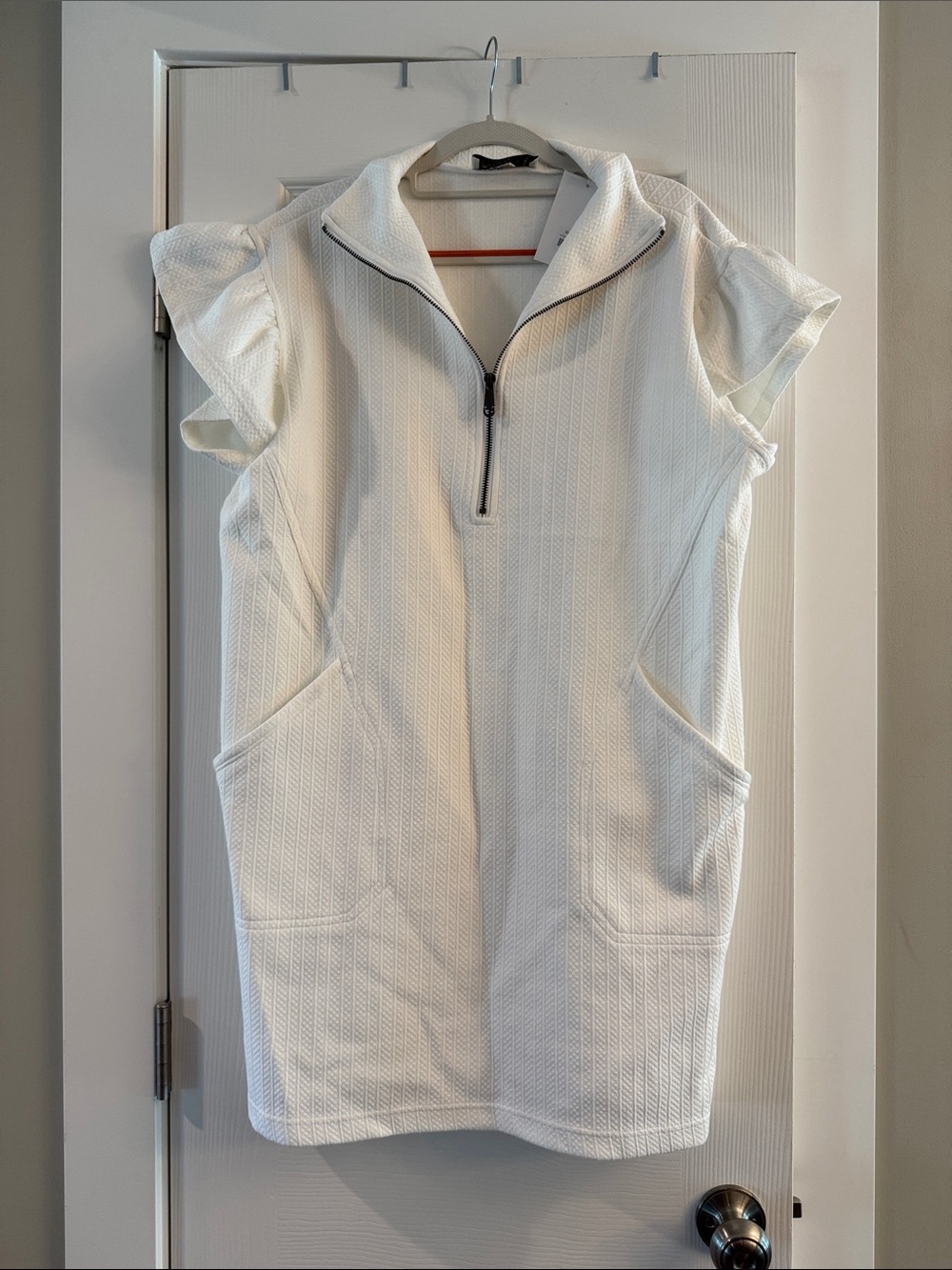 White Short-Sleeve Textured Zip-Front Mini Dress